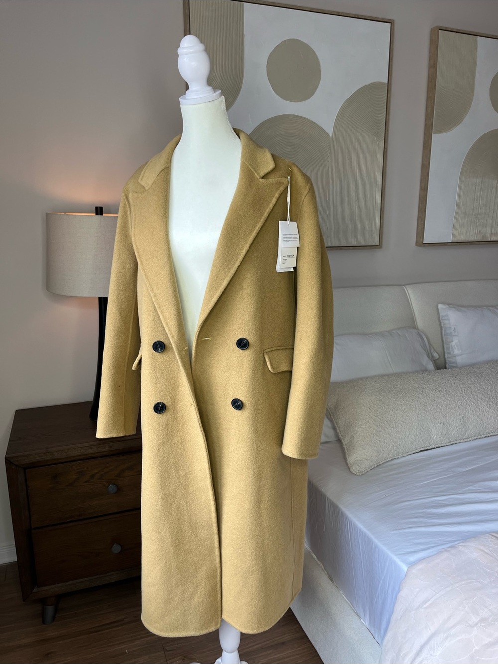 Wool-Blend Double-Breasted Long Coat in Mustard. Fall Winter